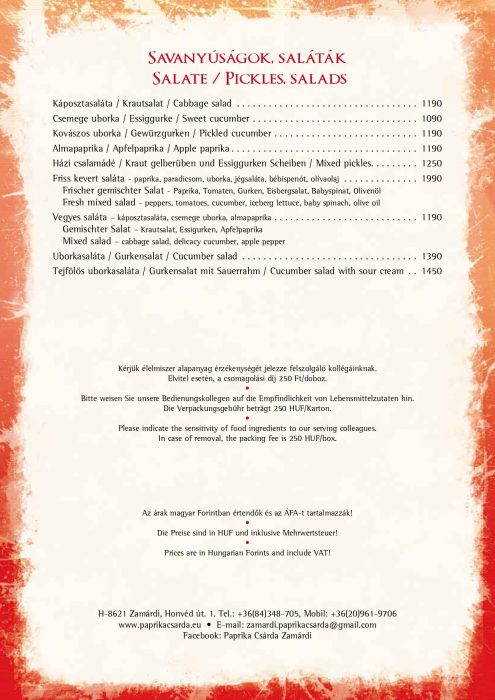 Paprikacsárda - Étlap - téli - Magyar, Német, Angol